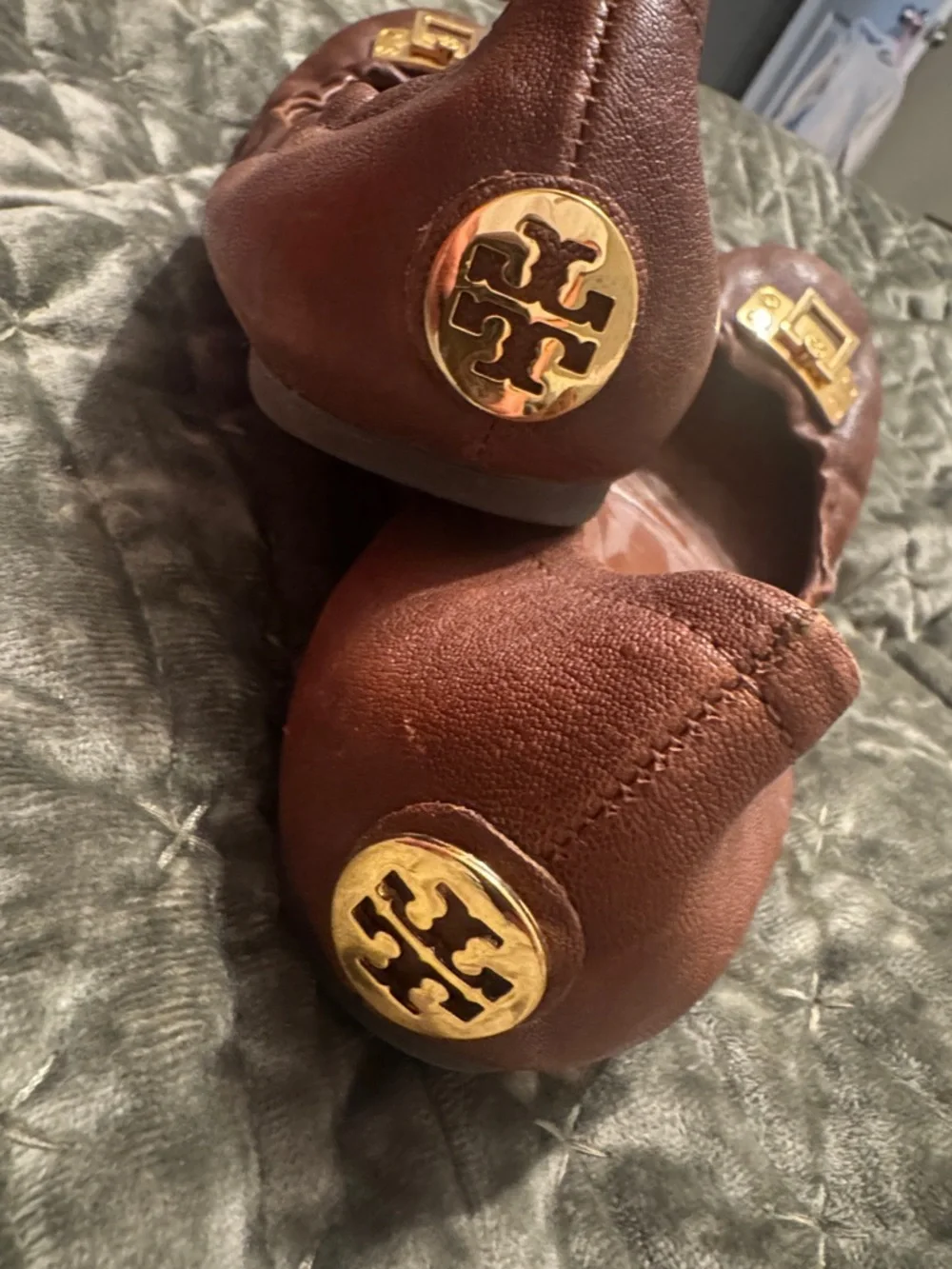 Tory Burch Brown Leather Ballet Flats with Gold Logo Hardware